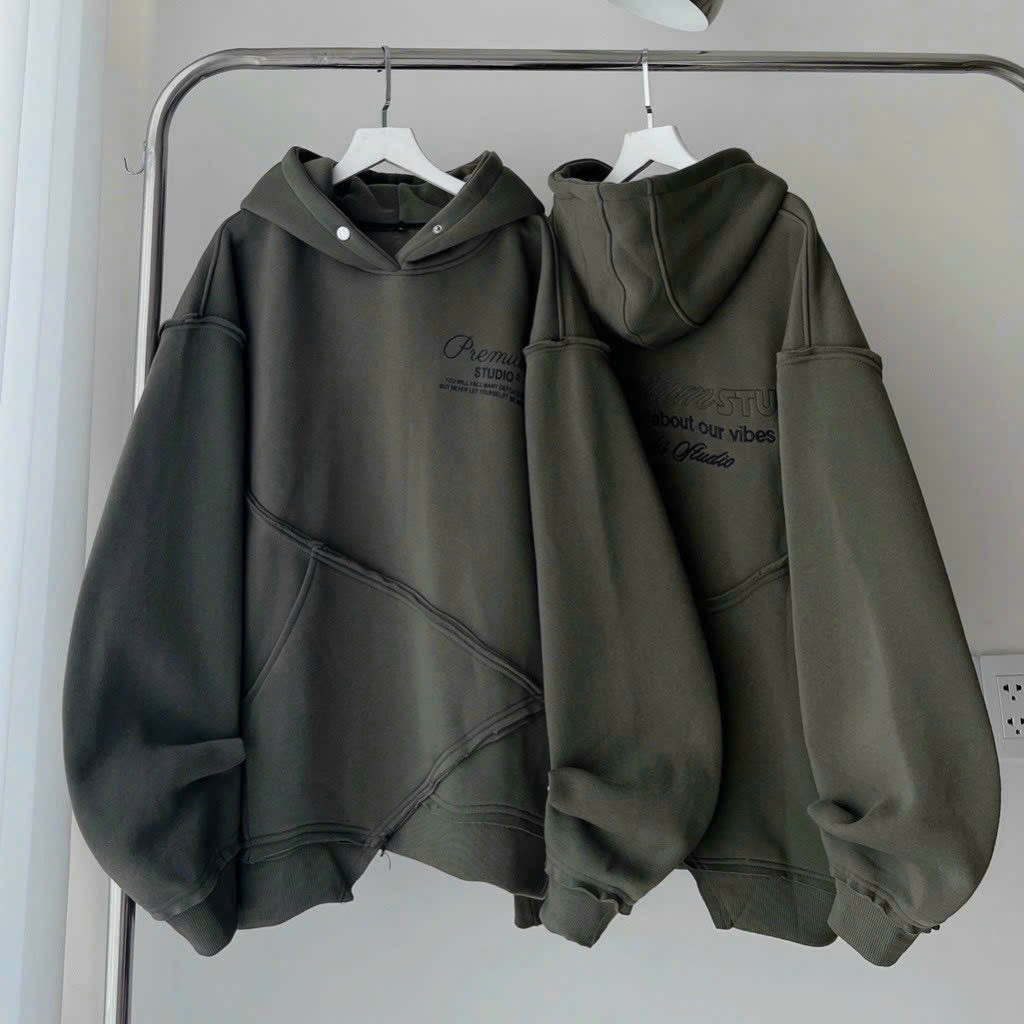Áo khoác hoodie PREMIUM STUDIO màu đen vải nỉ lót bông form rộng unisex nam nữ, Áo Hoodie Nỉ Có Mũ Nút Bấm In Chữ PREMIU