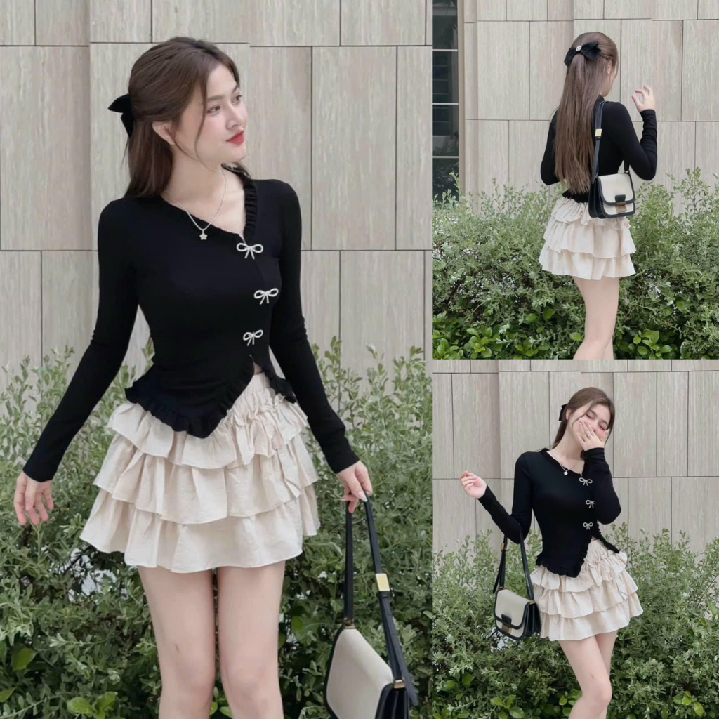 Sét Váy 3 Tầng Lụa (Có Lót) Áo Gân Tâm Tay Dài Đính Kiện Nơ Sam Closet Phù Hợp Để Tới Công Sở, Đi Làm Hoặc Đi Chơi