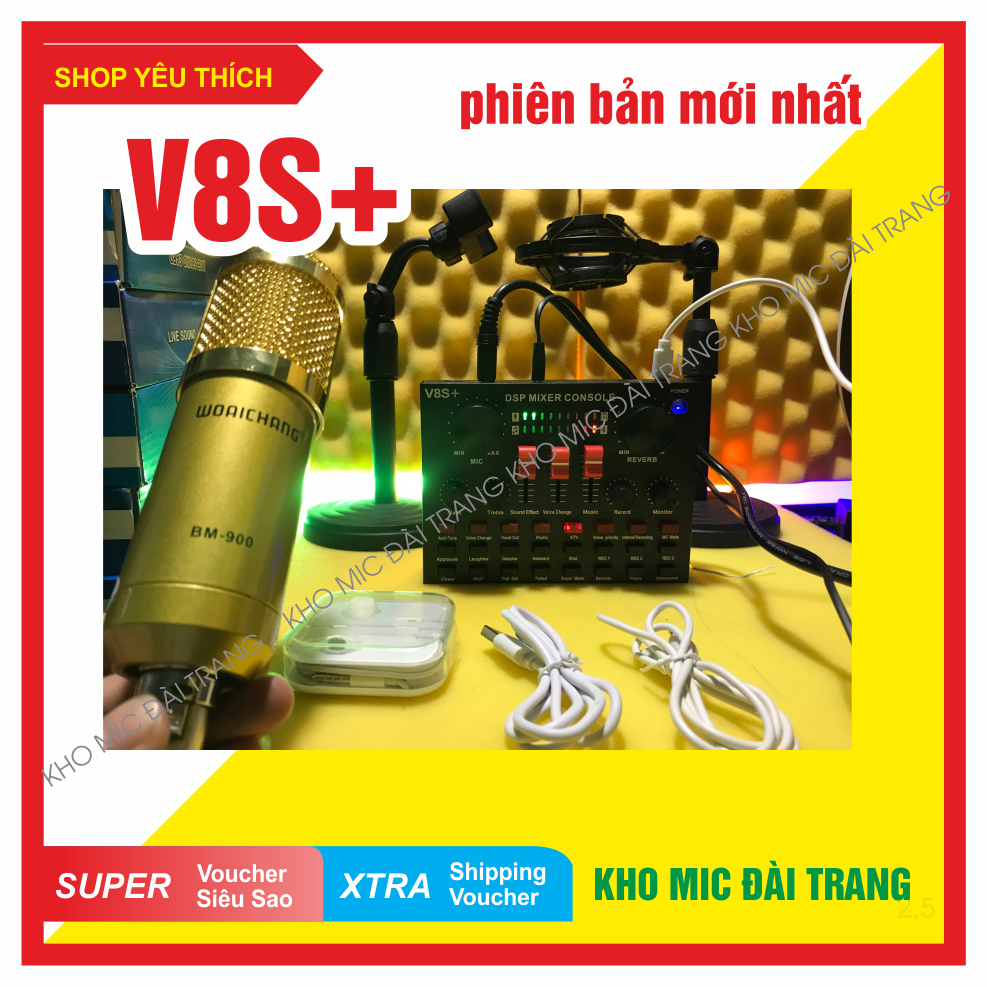 Combo sound card  V8S+kèm mic thu âm BM900 tặng kèm giá đỡ micro, giá đỡ điện thoại