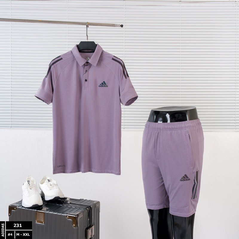 Bộ quần áo nam mùa hè adidas 231, đồ bộ nam polo cộc tay màu ghi phối viền may chắc chắn giá hợp lý