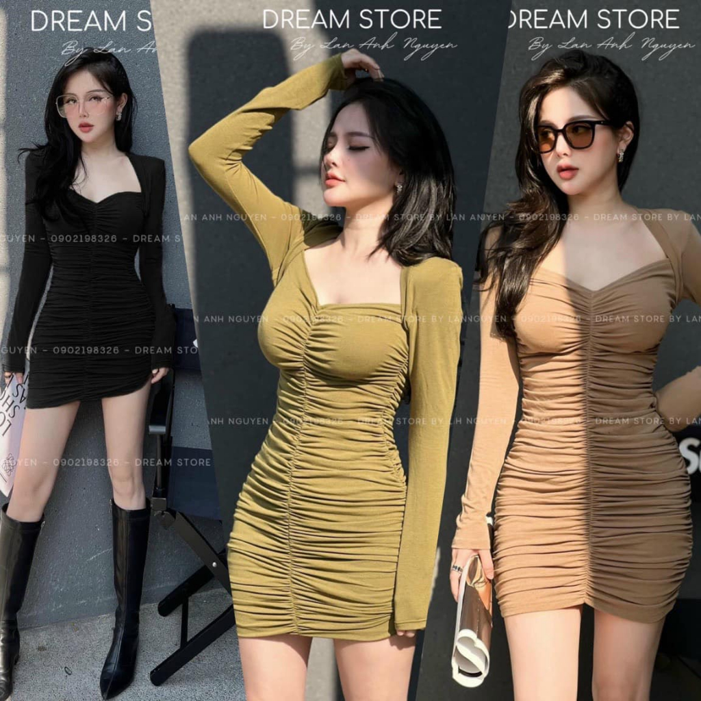 Váy body thun mong nhún tôn dáng dài tay (kèm ảnh thật )