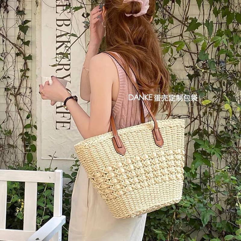 Túi cói bucket thân đan chữ X  quai da hình xô có khoá kéo đi biển vintage Tiệm Cói Xinh