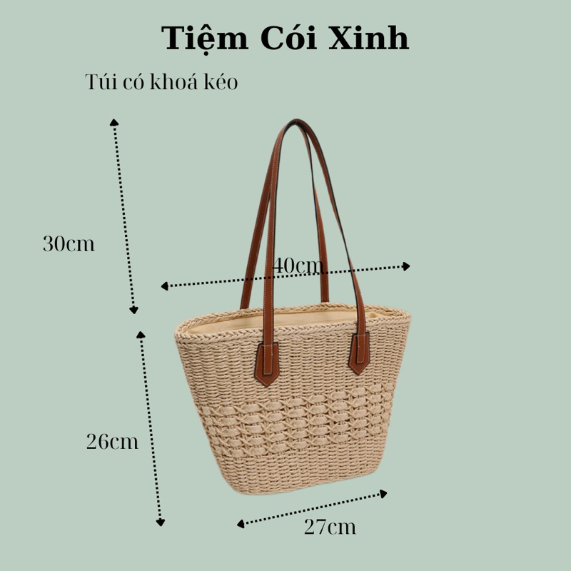 Túi cói bucket thân đan chữ X  quai da hình xô có khoá kéo đi biển vintage Tiệm Cói Xinh