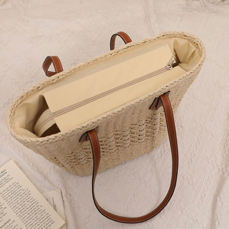 Túi cói bucket thân đan chữ X  quai da hình xô có khoá kéo đi biển vintage Tiệm Cói Xinh