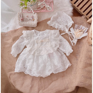 Bodysuit Cho Bé Chất Ren Sam Trắng Dây Ngọc Kèm Mũ Xinh