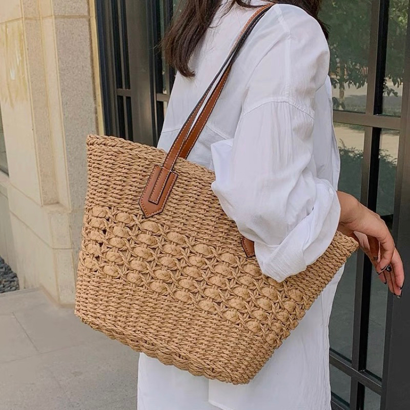 Túi cói bucket thân đan chữ X  quai da hình xô có khoá kéo đi biển vintage Tiệm Cói Xinh