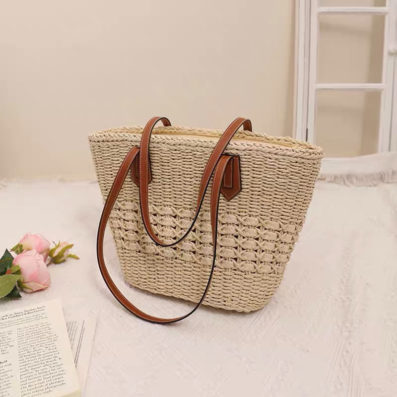 Túi cói bucket thân đan chữ X  quai da hình xô có khoá kéo đi biển vintage Tiệm Cói Xinh