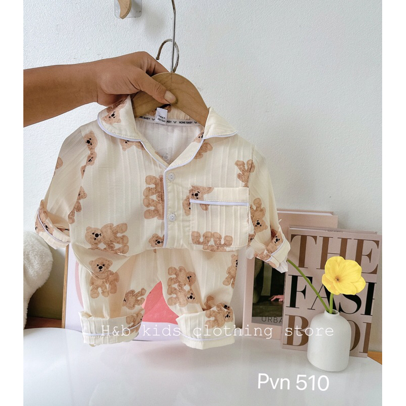 Pijama cho bé, đồ ngủ dài tay thu đông cho bé gái chất đũi xốp hoạ tiết đũi gân, quần áo trẻ em