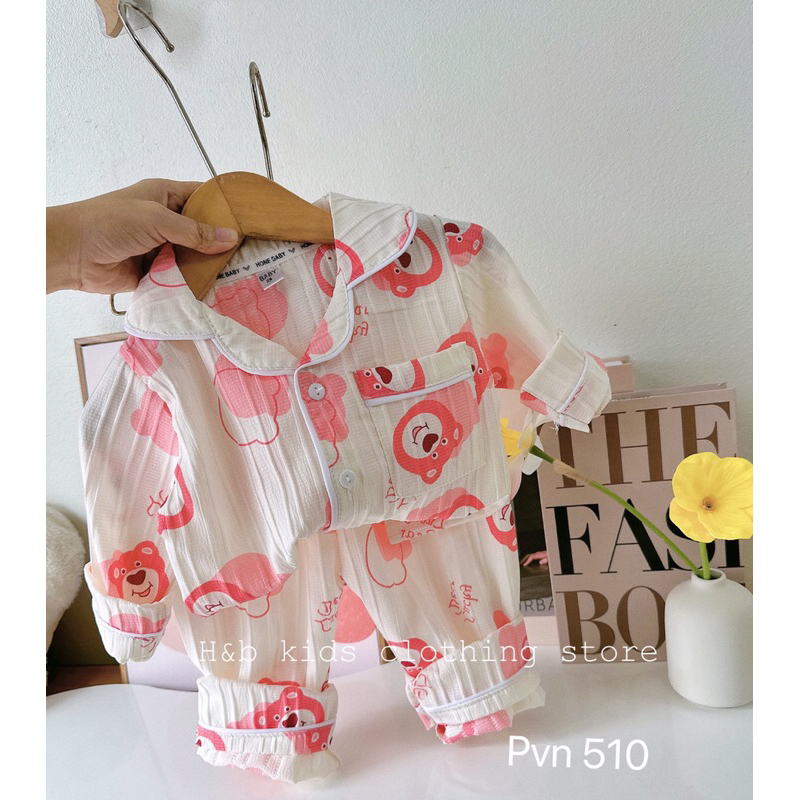 Pijama cho bé, đồ ngủ dài tay thu đông cho bé gái chất đũi xốp hoạ tiết đũi gân, quần áo trẻ em