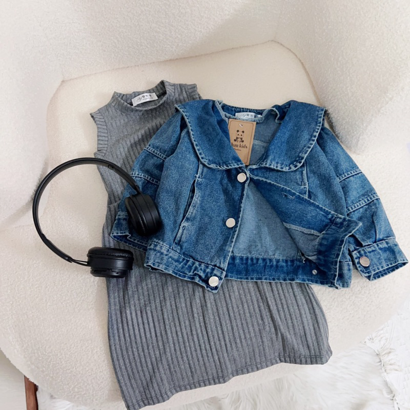 Váy tăm kèm áo khoác jean bò cho bé gái cá tính