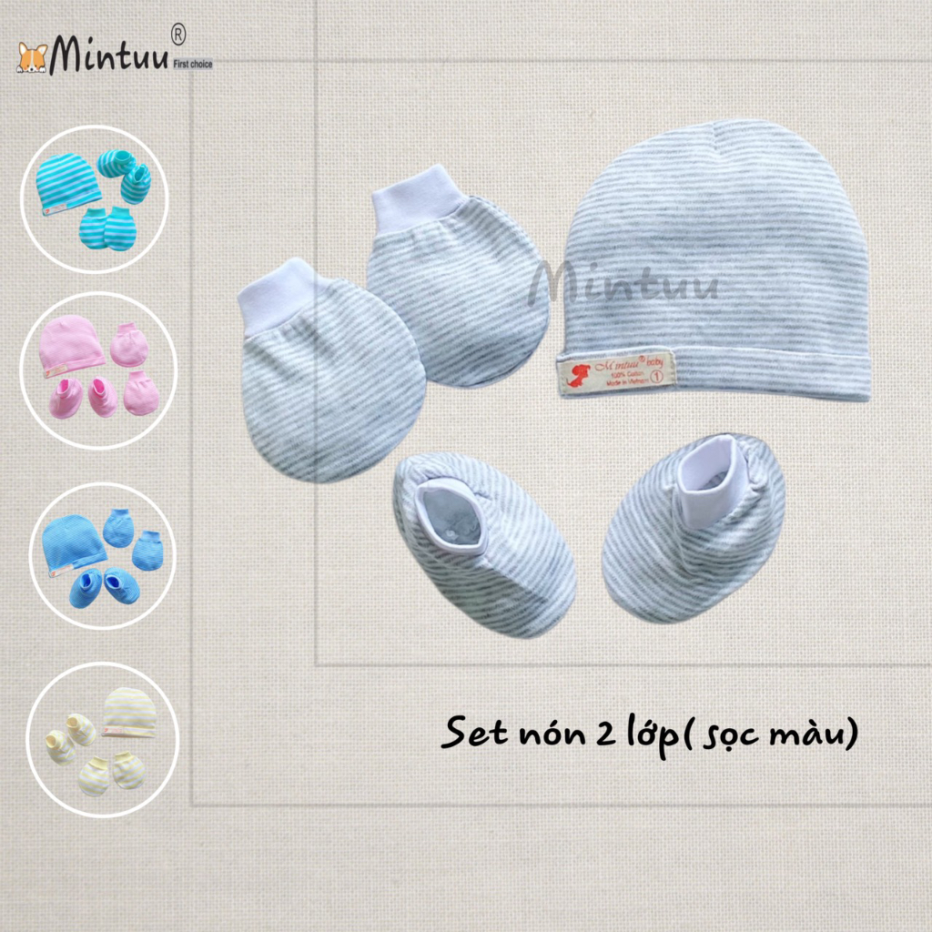 Set Nón sơ sinh 2 lớp, tay chân bo sọc màu thương hiệu MINTUU