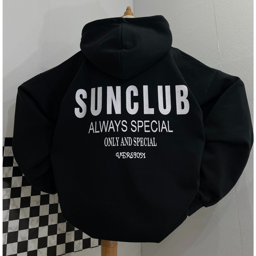 Áo hoodie nam nữ,áo nỉ có mũ hai lớp Unisex form rộng tag cao su in chữ SunClub màu đen chất nỉ dày dặn cá tính