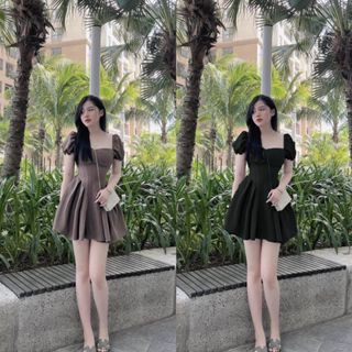 Đầm nữ tiểu thư tay bồng váy công chúa xòe xếp li