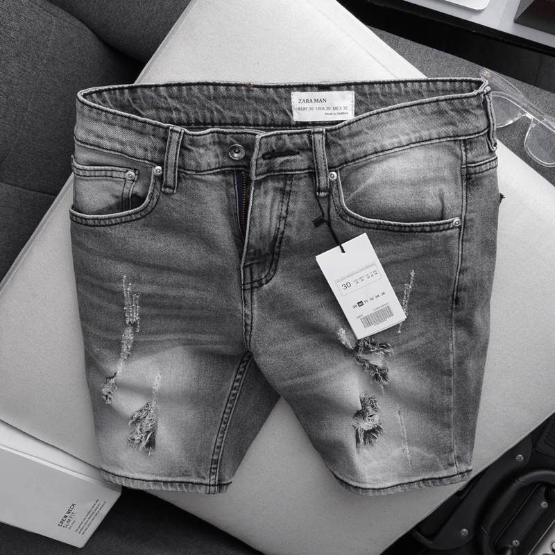 Quần short jean nam xám rách vảy sơn slimfit co giãn chất xịn