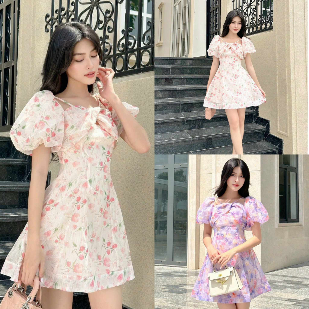 Đầm nữ voan in hoa có mút, co lót kiểu dáng tay phồng hợp đi tiệc, đi chơi