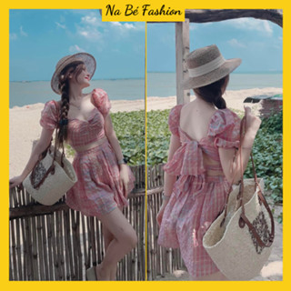 Set bộ đồ nữ kẻ hồng áo croptop nhún ngực cột nơ sau mix quần short trẻ trung năng động