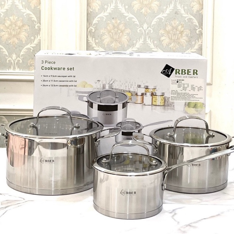 Bộ nồi inox 3 món Arber AN03S, bộ nồi Đức 3 đáy xịn xò, chất liệu thép không gỉ Hàng chính hãng