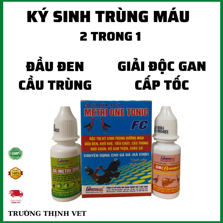 Ký sinh trùng máu, đầu đen cho gà, gồm 2 chai sulfaamethionin và giải độc gan thận cấp, mỗi chai 10ml