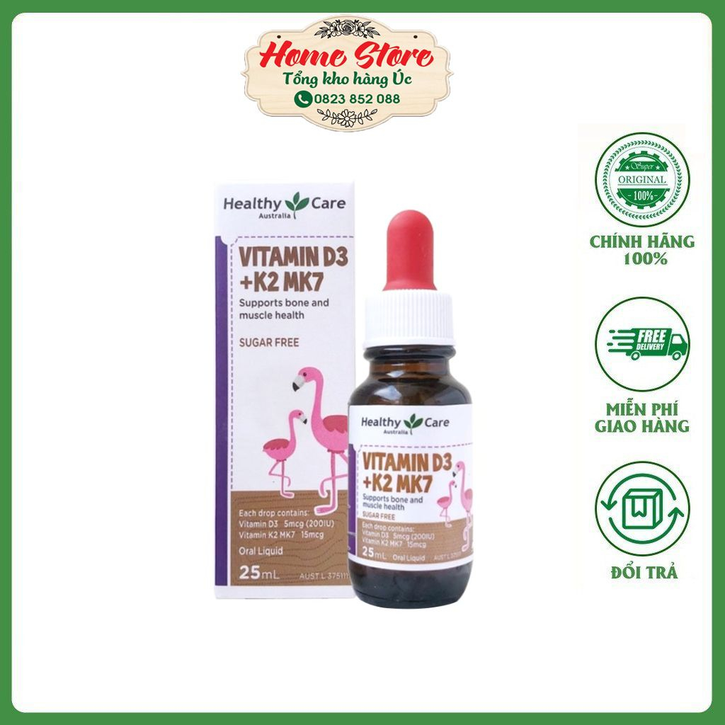 Vitamin D3+K2 MK7 Healthy Care Úc không đường 25ml hàng chính hãng Home Store
