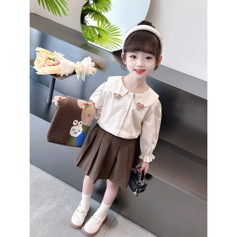 Set 3 chi tiết nâu: Áo ghile tổ ong + áo sơmi + chân váy