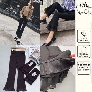 Quần ống loe ren gấu siêu xinh quần nữ legging ôm ống loe tôn dáng màu đen