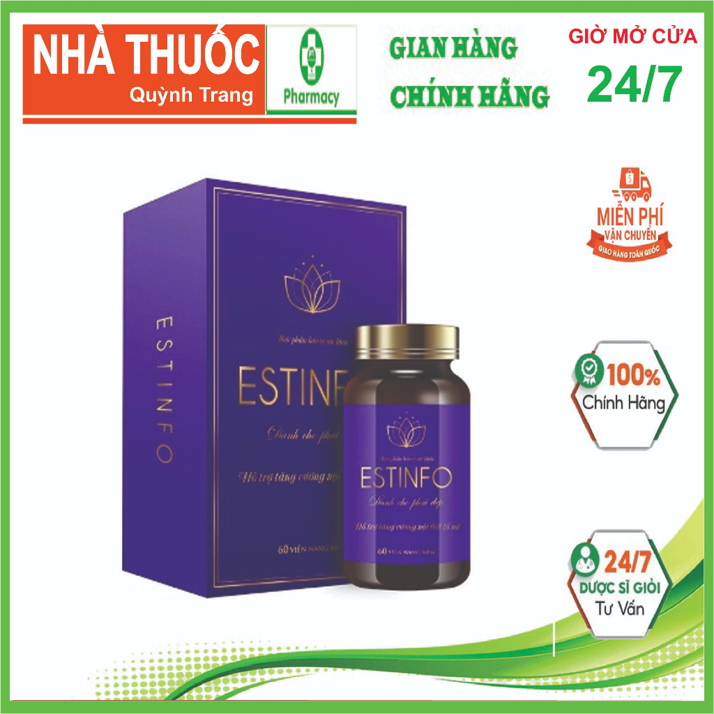 Viên uống ESTINFO- Giúp Tăng Cường Nội Tiết Tố Nữ,Cải Thiện Sinh Lý,Làm Đẹp Da ( Lọ 60 Viên)