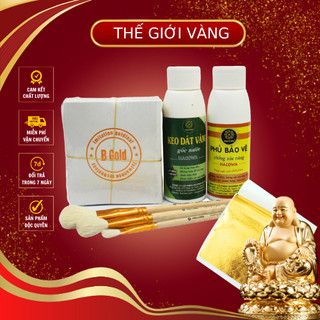 Combo 500 lá vàng kèm đủ phụ kiện 100ml keo dát, phủ bảo vệ lá vàng, bút chổi dành cho dát vàng hoa quả, thạch cao