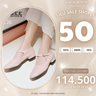BEESHOES - GIÀY BÚP BÊ NỮ MŨI TRÒN QUAI NGANG - GIÀY BÚP BÊ NỮ ĐẾ VUÔNG CAO 2 PHÂN SẴN MÀU ĐEN - TRẮNG - HỒNG 2001120