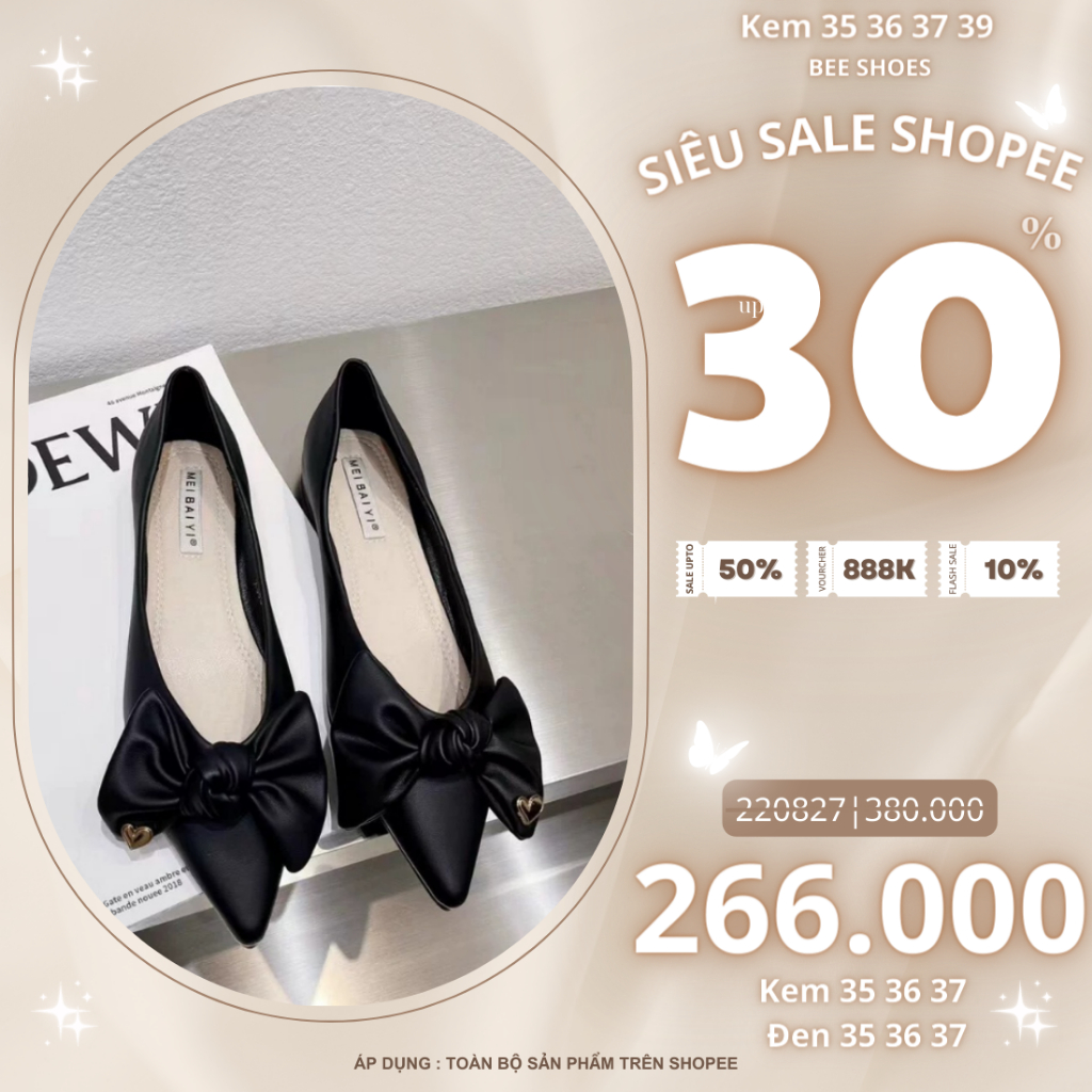 BEESHOES - GIÀY BÚP BÊ NỮ MŨI NHỌN - GIÀY BÚP BÊ NỮ MŨI NHỌN ĐẾ BỆT SẴN MÀU ĐEN - KEM 220827