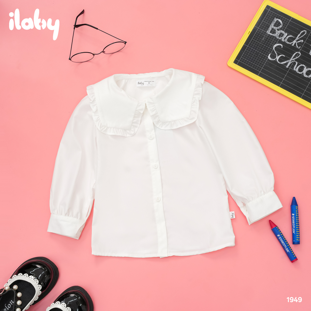 Áo sơ mi đi học bé gái ILABY cổ kiểu phối bèo chất liệu thô cotton cho bé 13-35kg