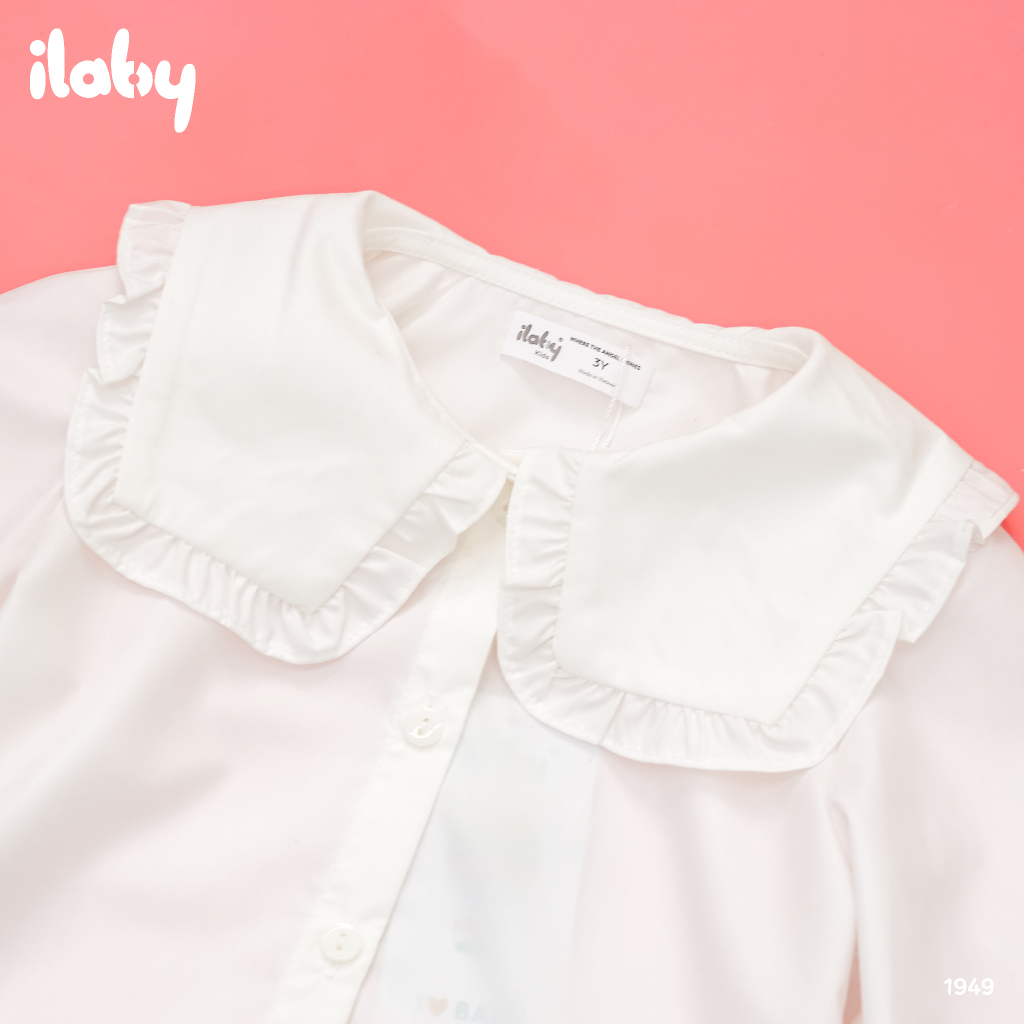Áo sơ mi đi học bé gái ILABY cổ kiểu phối bèo chất liệu thô cotton cho bé 13-35kg