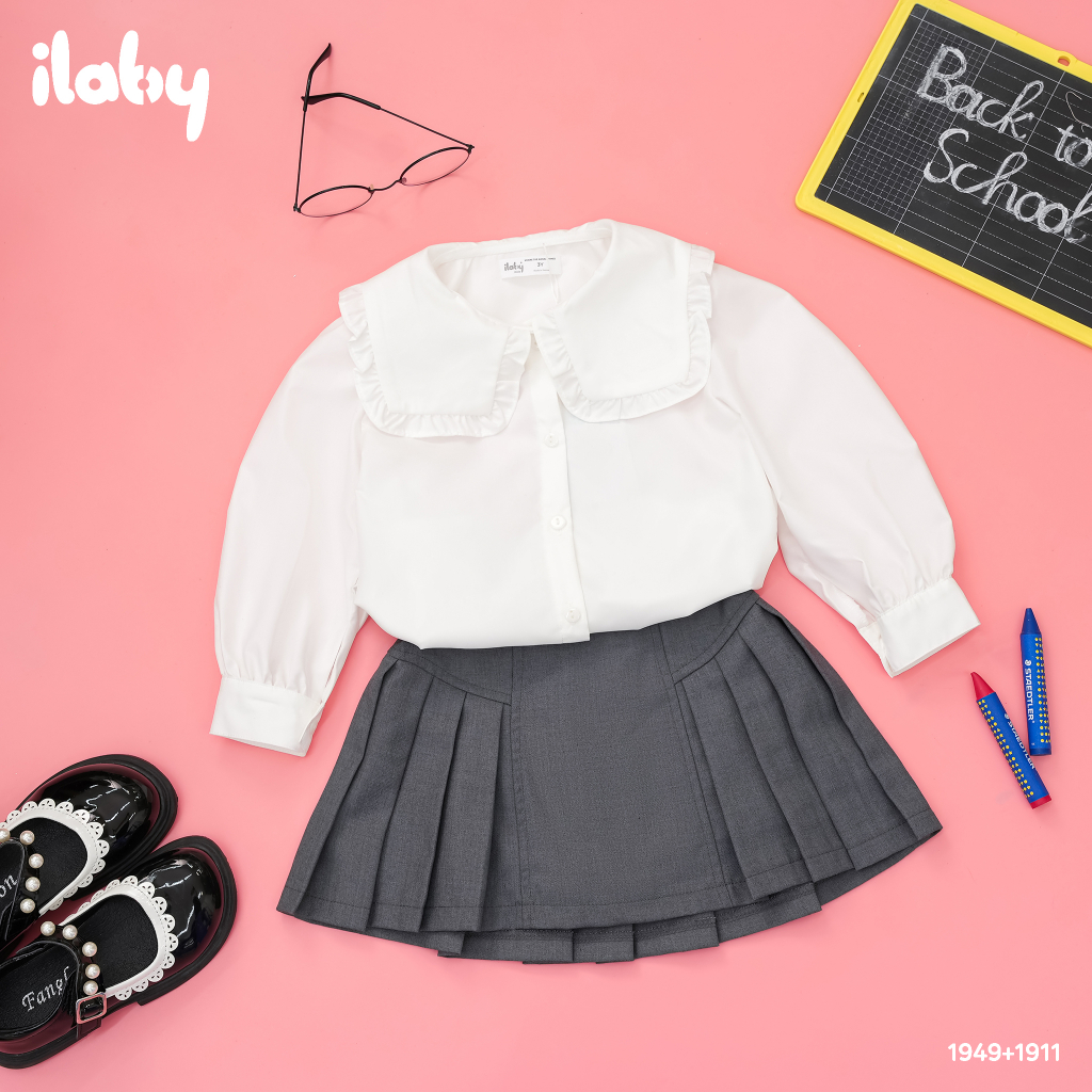 Áo sơ mi đi học bé gái ILABY cổ kiểu phối bèo chất liệu thô cotton cho bé 13-35kg