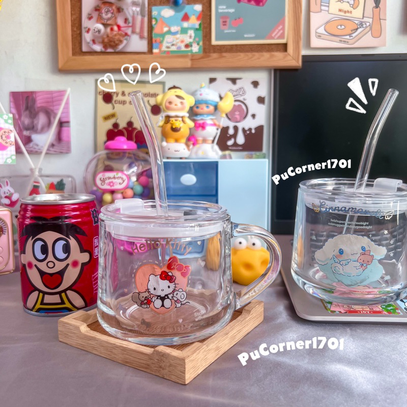 Ly cốc thuỷ tinh Sanrio hình Hello Kitty , Cinnamoroll , Kuromi kèm ống hút
