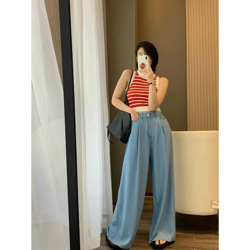 QUẦN SUÔNG 117 CHẤT JEAN DEMIN LỤA CẠP LƯNG THUN PHÍA SAU DÀI 104CM RỘNG 30CM HOT TREND