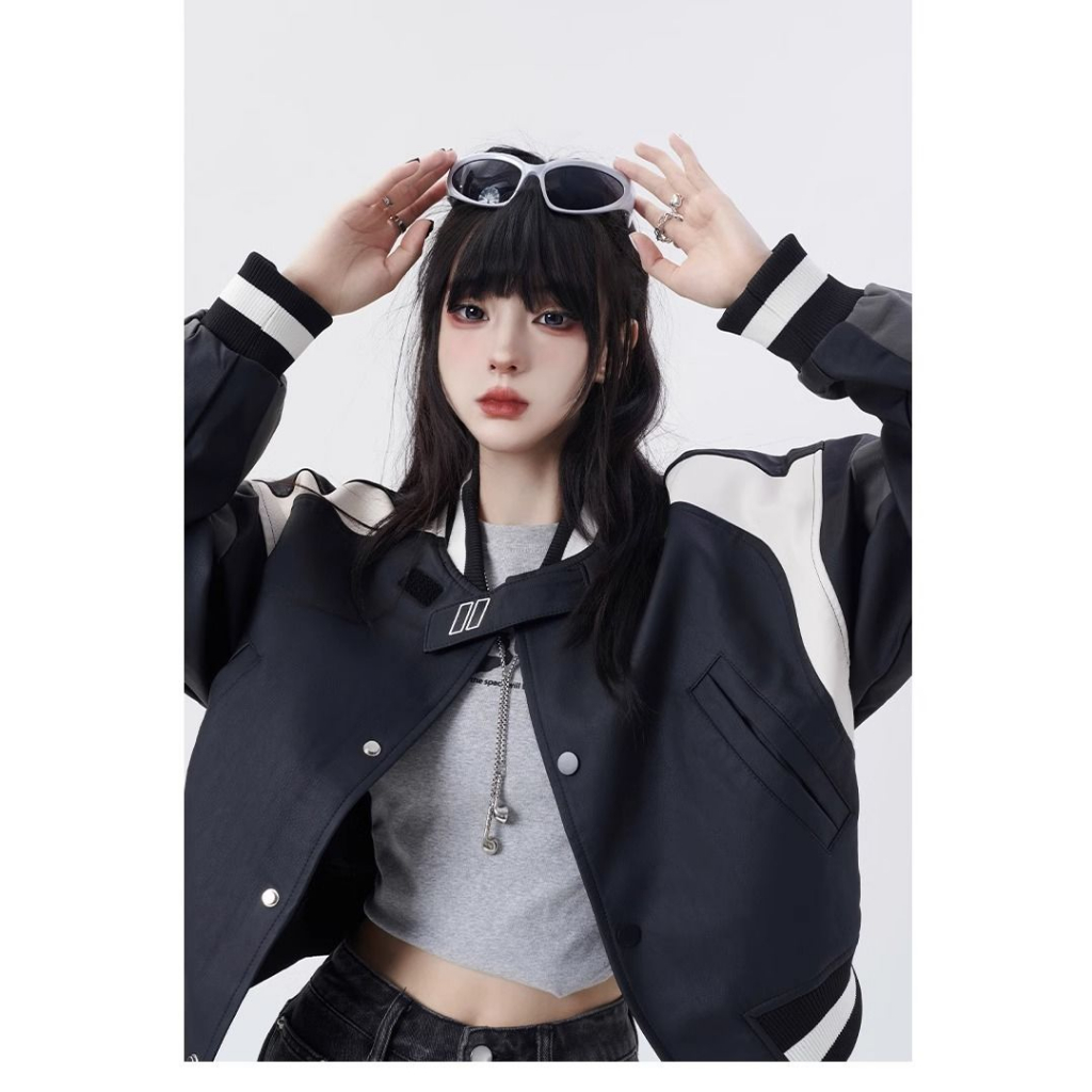 Áo khoác bóng chày chất da dáng ngắn tay bo phối màu phong cách moto Mỹ oldschool thời trang nữ