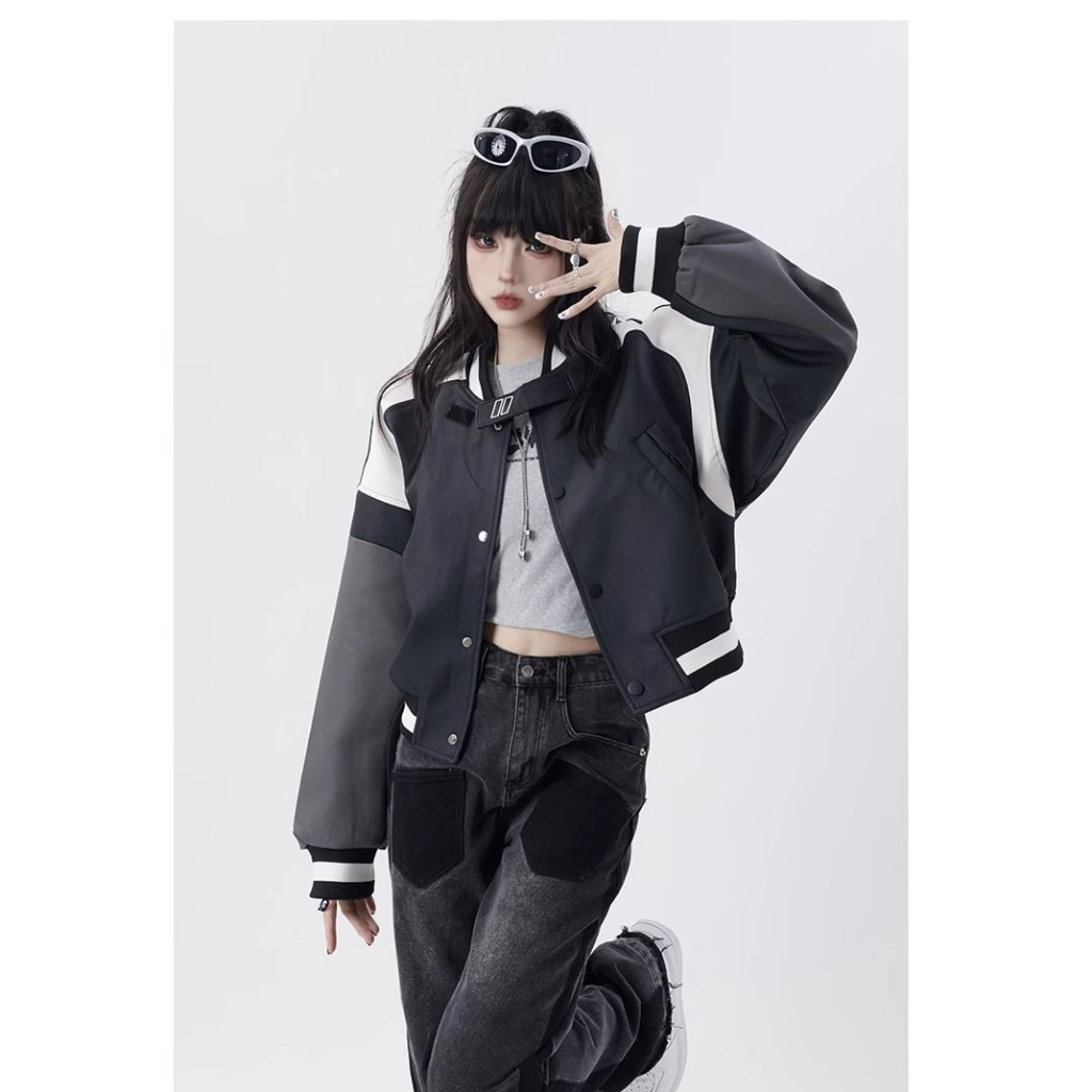 Áo khoác bóng chày chất da dáng ngắn tay bo phối màu phong cách moto Mỹ oldschool thời trang nữ