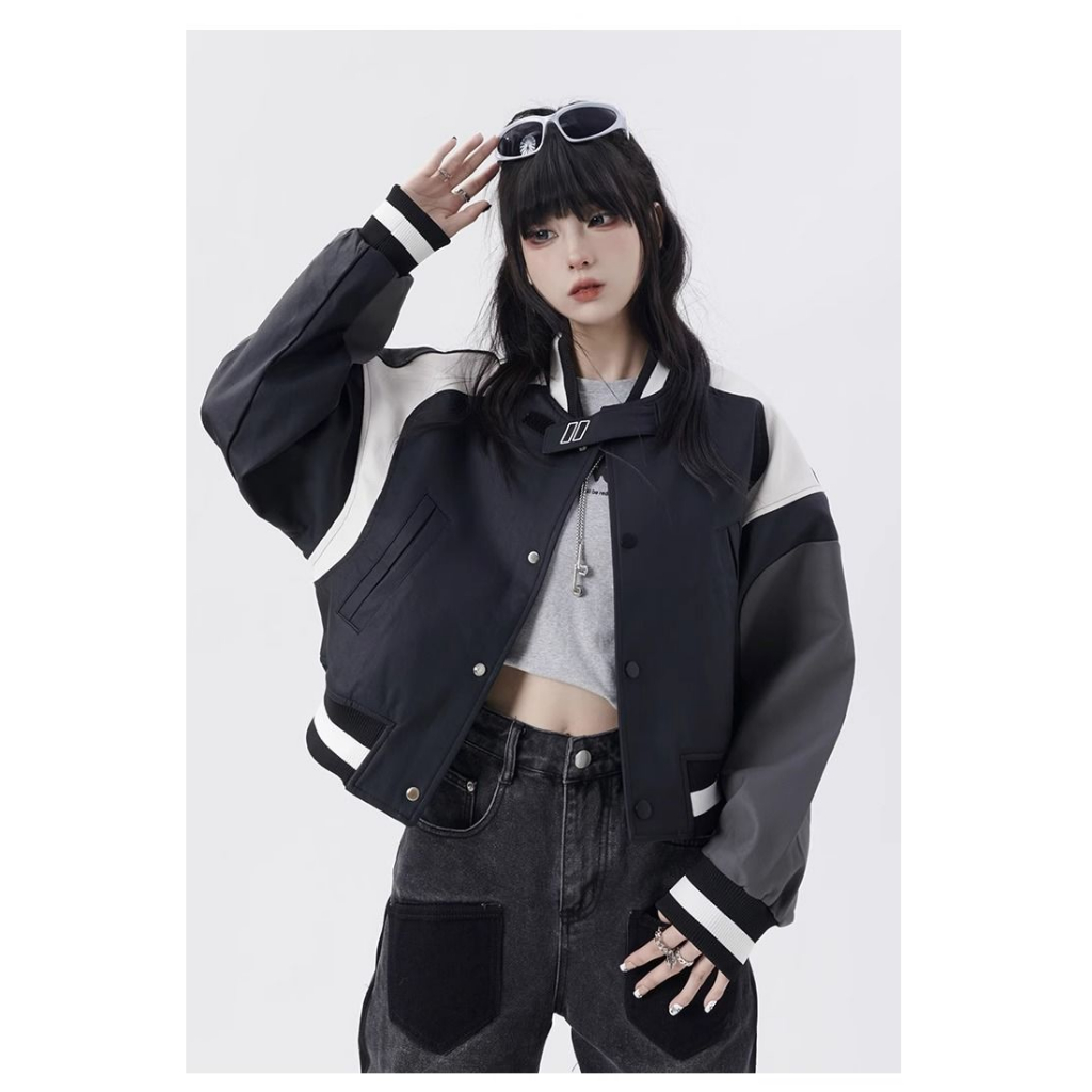 Áo khoác bóng chày chất da dáng ngắn tay bo phối màu phong cách moto Mỹ oldschool thời trang nữ