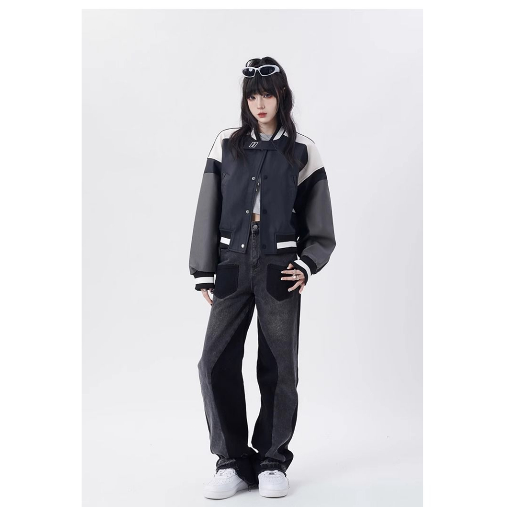 Áo khoác bóng chày chất da dáng ngắn tay bo phối màu phong cách moto Mỹ oldschool thời trang nữ