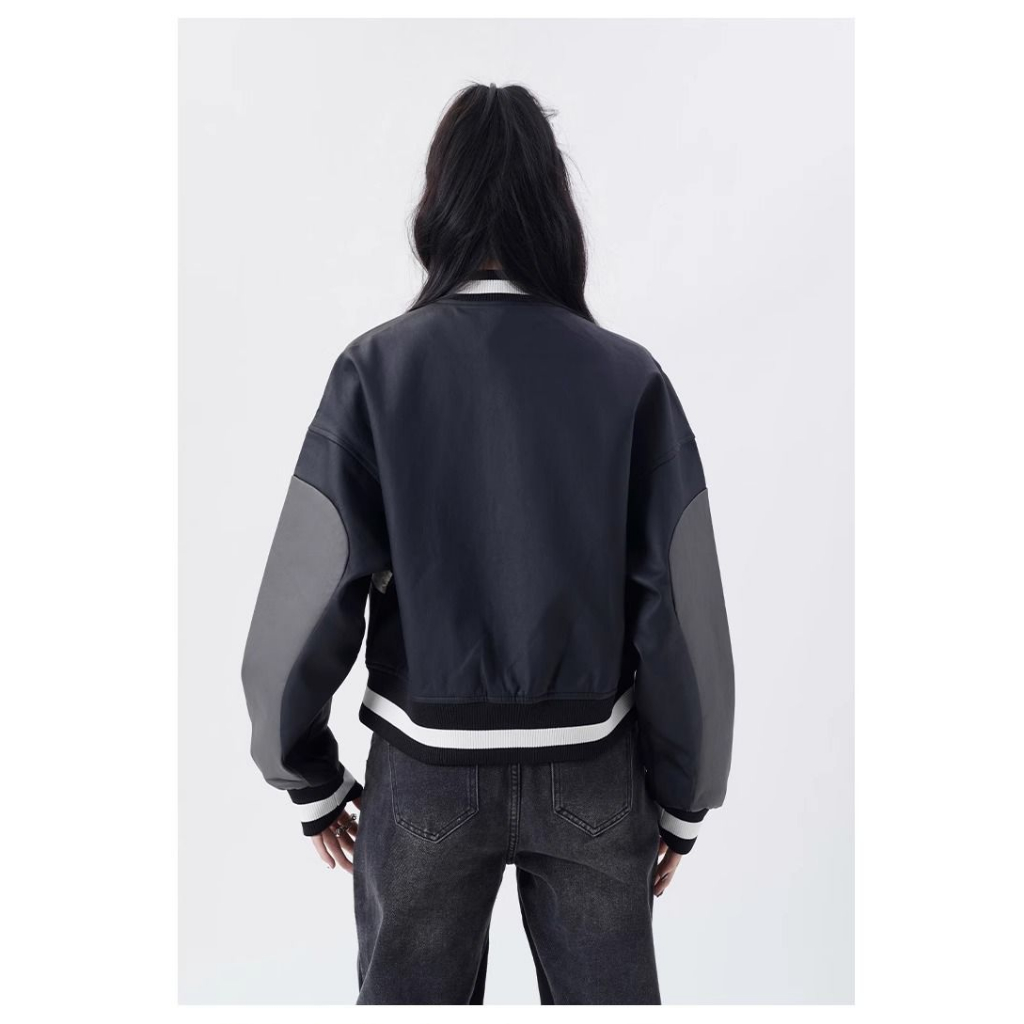 Áo khoác bóng chày chất da dáng ngắn tay bo phối màu phong cách moto Mỹ oldschool thời trang nữ