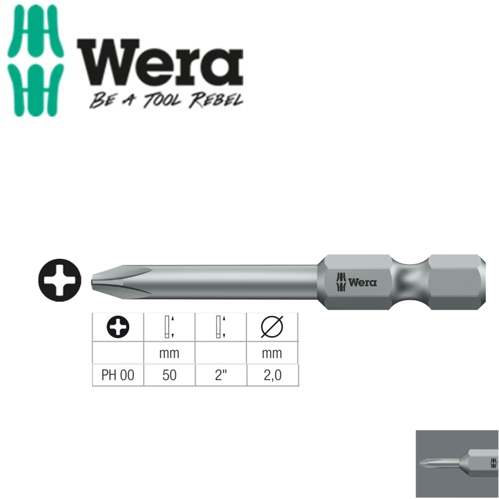 Đầu vít bits 4 cạnh bake PH 00 Wera 851/4 J PH 00 x 50 mm Wera 05135530001 dài 50mm