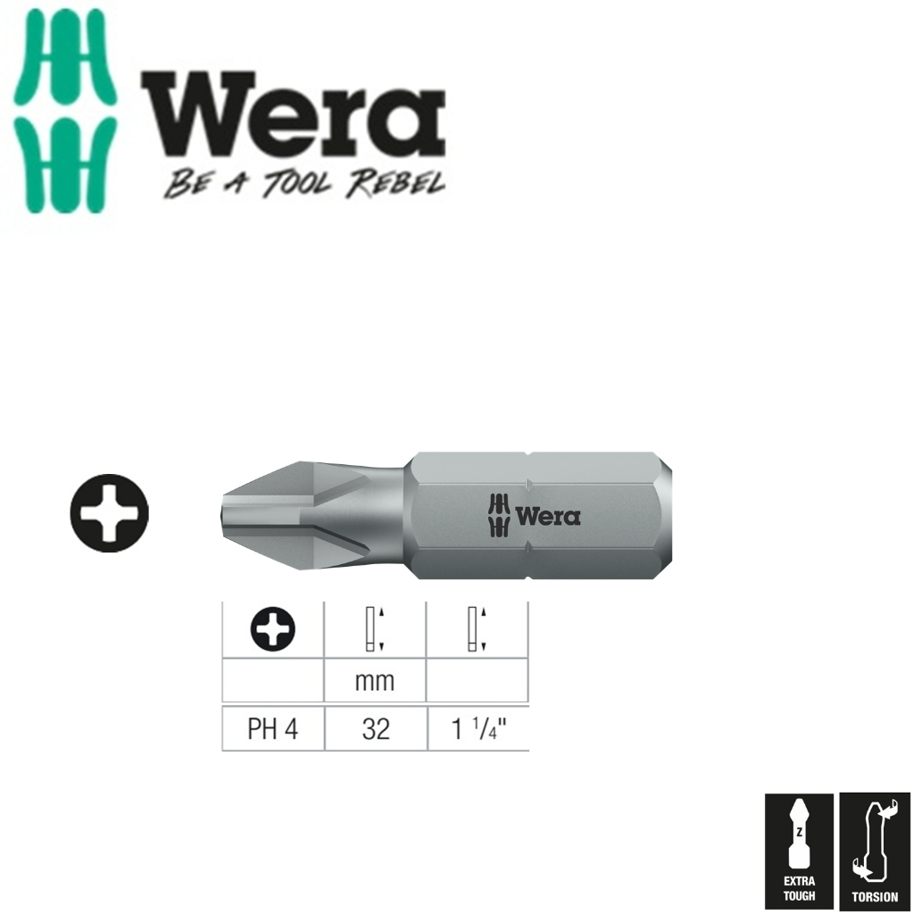 Đầu vít bits 4 cạnh PH 4 Wera 851/1 Z PH 4 x 32 mm Wera 05056535001 dài 32mm