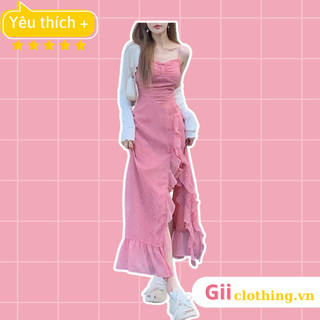 [ORDER, Ảnh thật] Váy hai dây dài xẻ đùi viền bèo màu hồng tiểu thư ngọt ngào