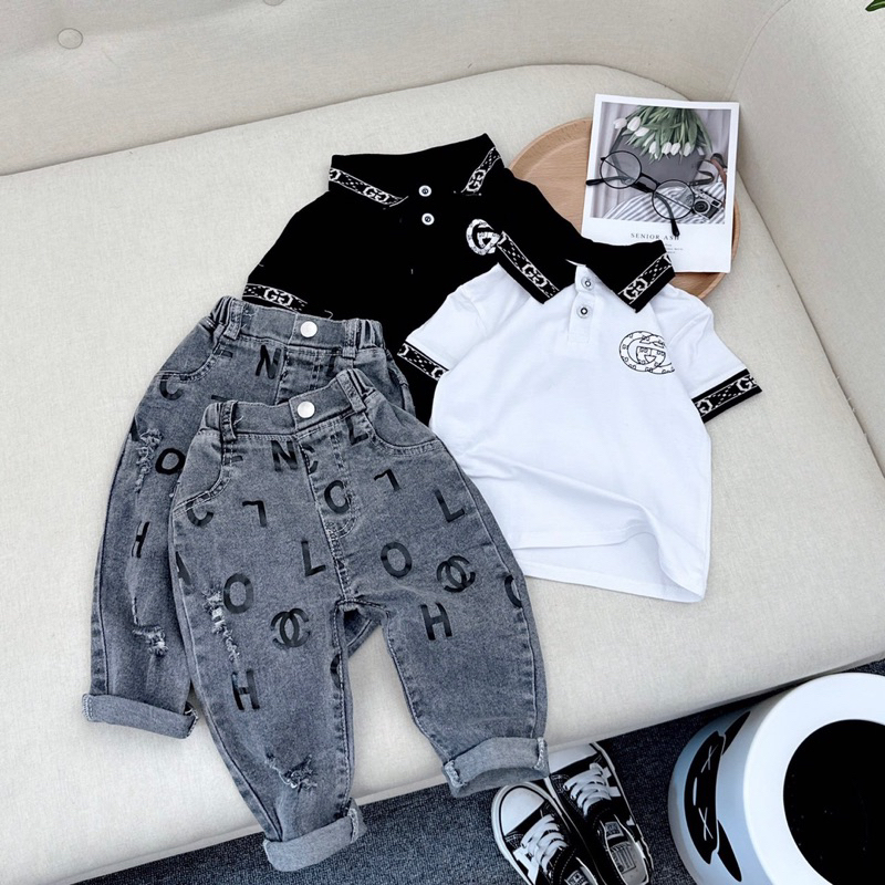 set áo thun polo + quần jean bé trai