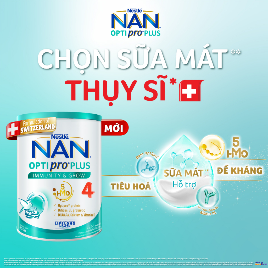 Sữa bột Nestlé NAN OPTIPRO PLUS 4 850g/lon với 5HMO Giúp tiêu hóa tốt + Tăng cường đề kháng