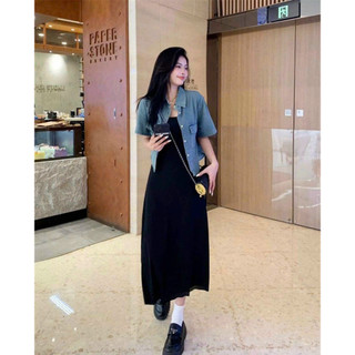 Đầm nữ mặc đi chơi dễ thương chất thun gân mát hai dây váy maix dáng suông kèm áo khoác sơmi chất jeans thời trang