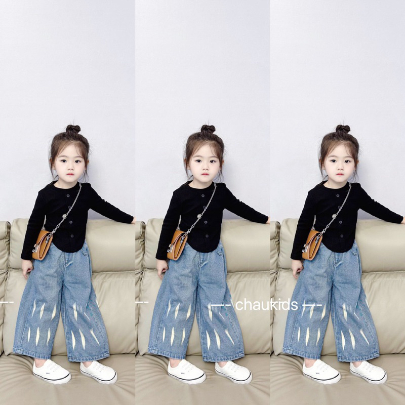 Set áo đen zip hàn quần bò jean vảy sơn cho bé gái