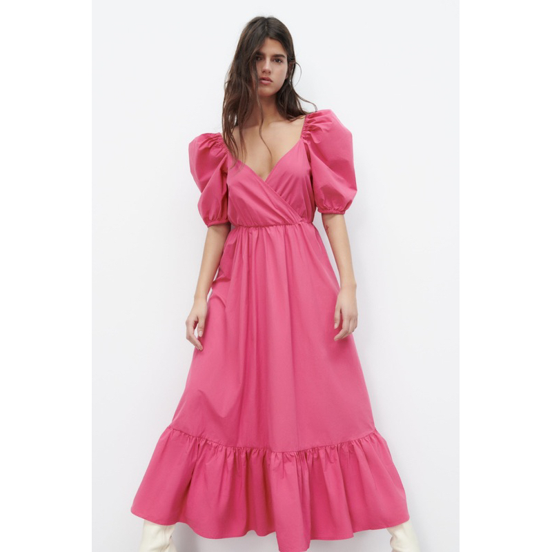 Đầm midi hồng ZARA size XS tay phồng