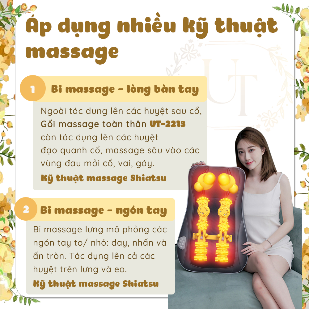 Gối Massage Hồng Ngoại Đa Năng UT2213 - Model 2023 - Đầu Massage Cải Tiến, Con Lăn 4D - Gối Massage Toàn Thân