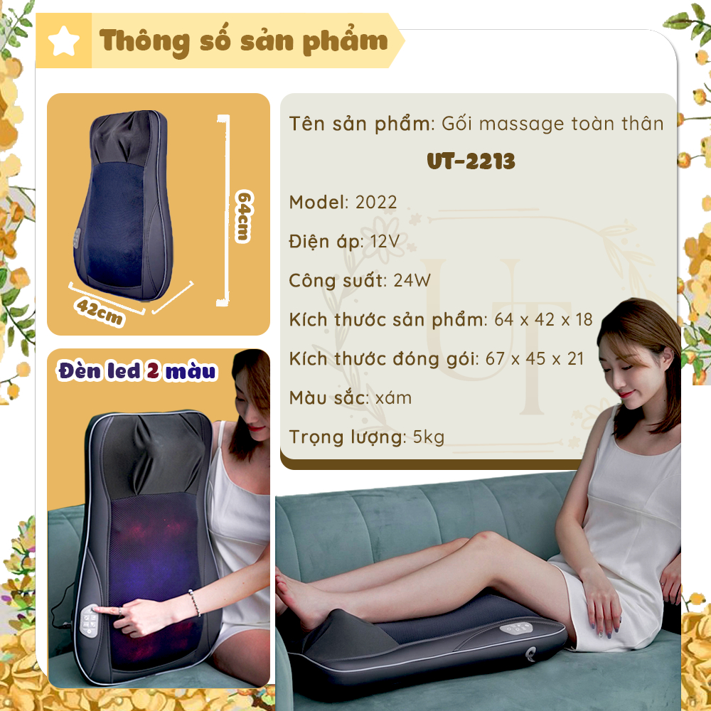 Gối Massage Hồng Ngoại Đa Năng UT2213 - Model 2023 - Đầu Massage Cải Tiến, Con Lăn 4D - Gối Massage Toàn Thân