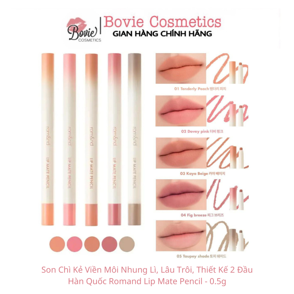 Son Bút Chì Kẻ Viền Môi Nhung Lì, Lâu Trôi, Thiết Kế 2 Đầu Hàn Quốc Romand Lip Mate Pencil Be OVEEER Shade - 0.5g
